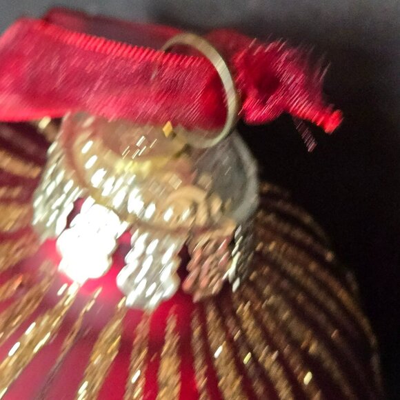 Frontgate Red Glass Christmas Ornaments Set 2 Gold Glitter Dot Stripe Design 4" - Picture 5 of 8